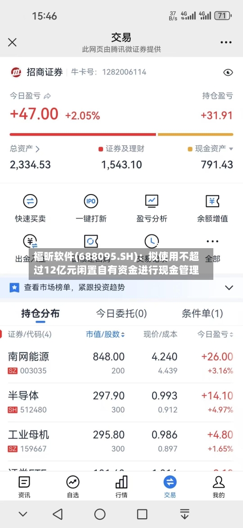 福昕软件(688095.SH):拟使用不超过12亿元闲置自有资金进行现金管理