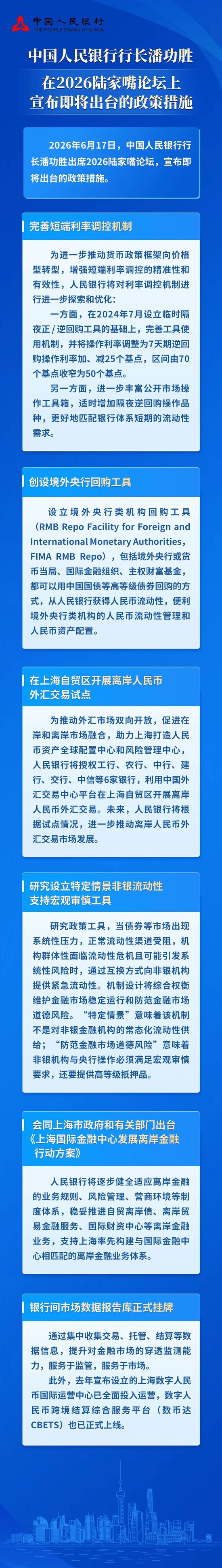 中国人民银行行长潘功胜在2026陆家嘴论坛上宣布即将出台的政策措施